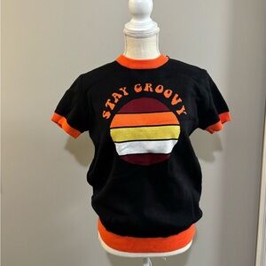 Women's Navy and Orange Crew Neck Sweater with Retro Vibe Stay Groovy . Size S